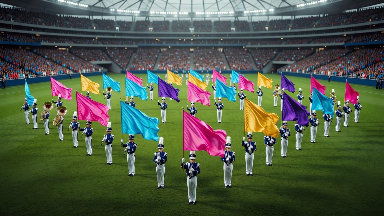 High school marching band in formation on a football field inside a large domed stadium, colourful flags raised