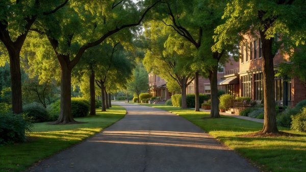 Tree-lined street in a vibrant urban neighborhood with shops and outdoor seating