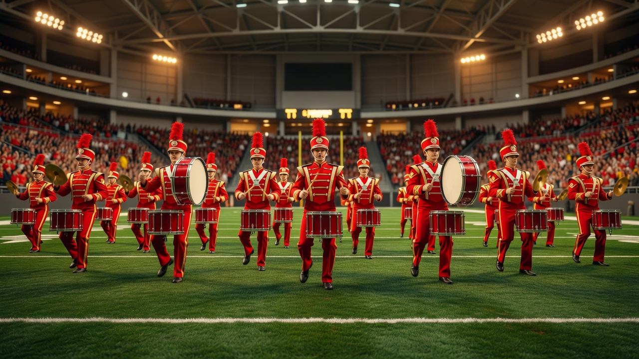 Marching band drum line in bright uniforms performing on a football field under indoor stadium lights