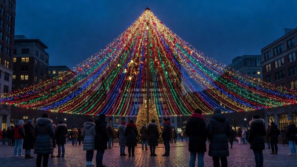 Towering strands of colourful holiday lights rising over a round downtown plaza at dusk, crowd gathered below