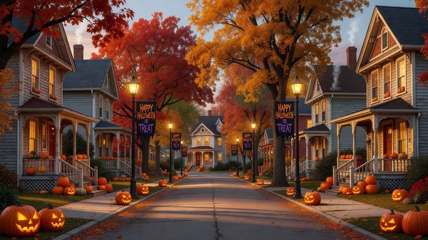 Historic neighborhood street decorated with autumn pumpkins and Halloween banners at dusk