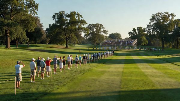 Spectators lining a manicured golf fairway on a bright summer afternoon with grandstands in the distance