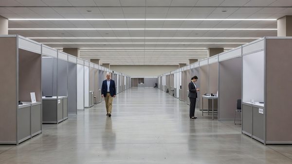 Wide convention hall with rows of exhibitor booths and attendees walking between them under bright overhead lighting